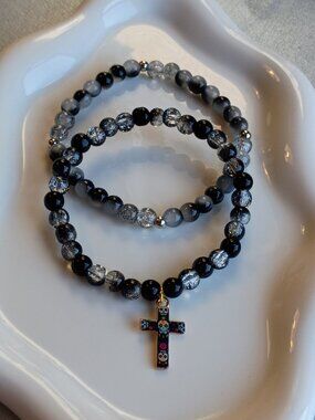 Midnight Cross Calavera Bracelet Set of 2, Handmade Beaded Bracelets, 6.5"